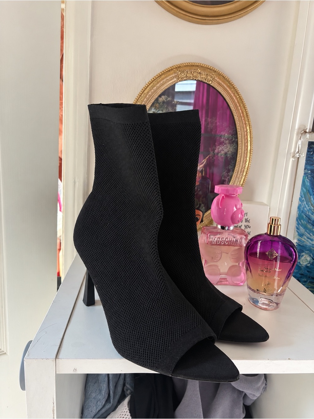 Zara Black Stretch Knit Peep-Toe Sock Booties